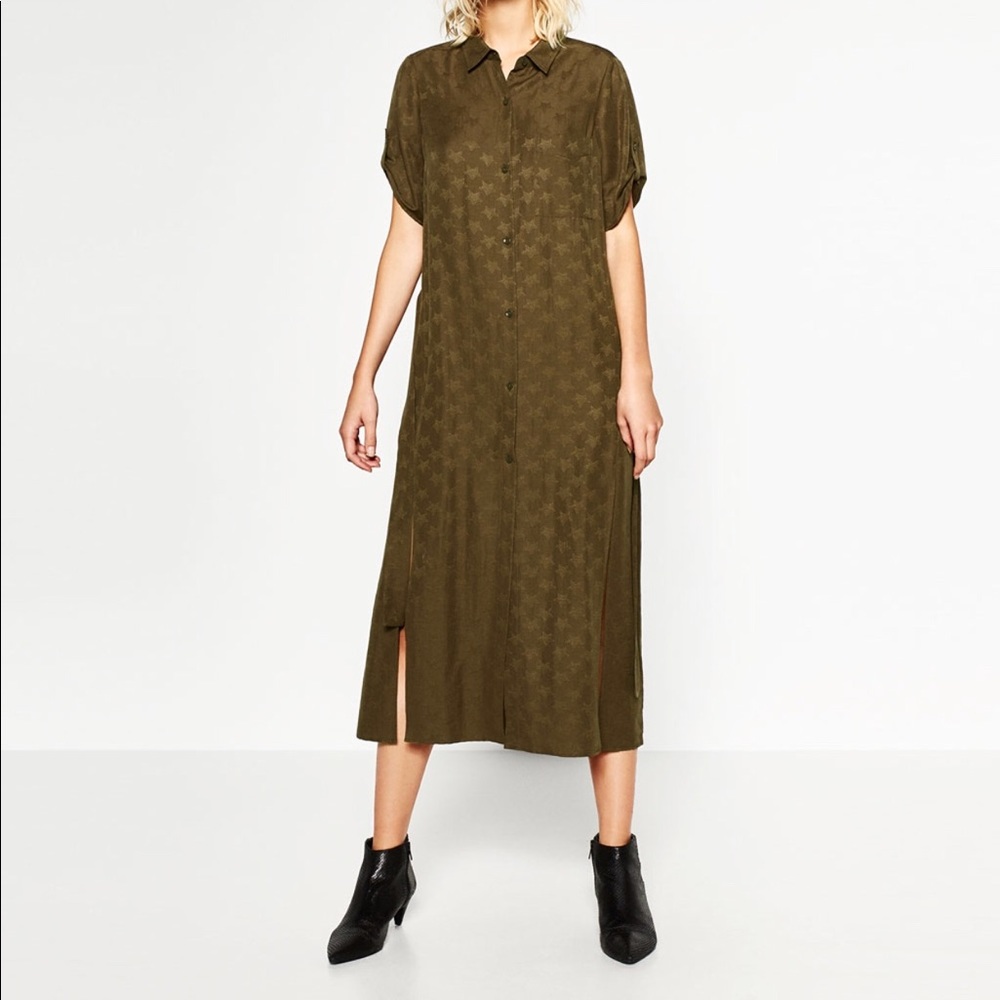 Military Green Star Print Shirt Dress